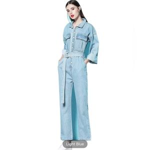 Blue Denim Jumsuit, Long Sleeve Flap Pockets. Closure Button